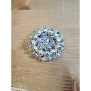 Vtg Weiss Signed Faux Pearl Aurora Borealis Crystal Cluster 1.5" Pin Brooch